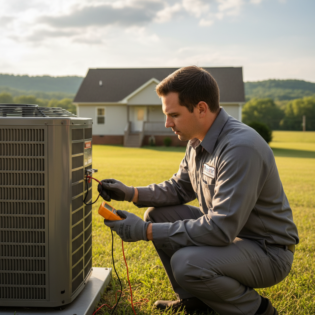 HVAC technician from ThermoSTAT Heating and Cooling inspecting an outdoor AC unit in LaFollette, TN.