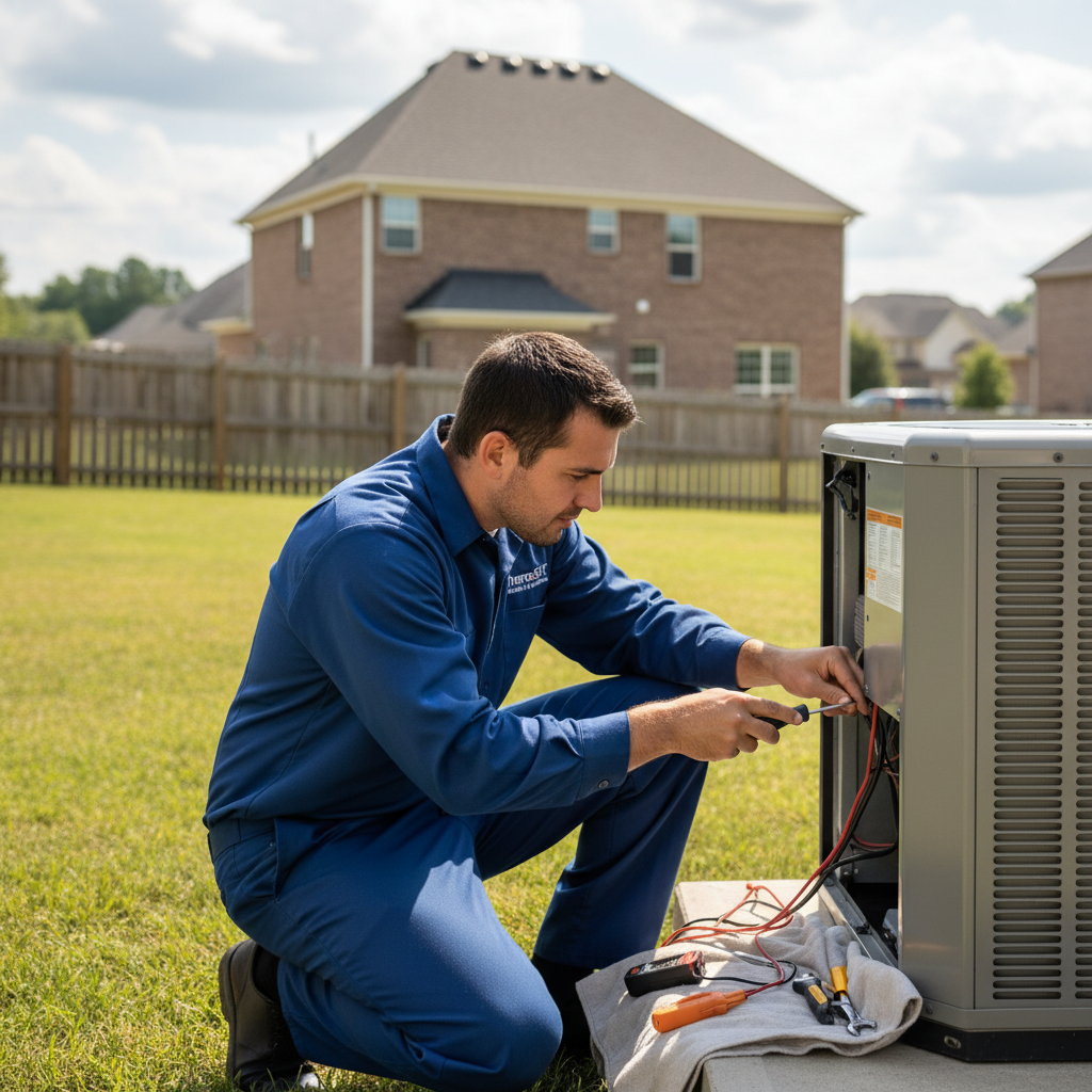 HVAC technician from ThermoSTAT Heating and Cooling performing an AC repair on an outdoor unit in Campbell County, TN.