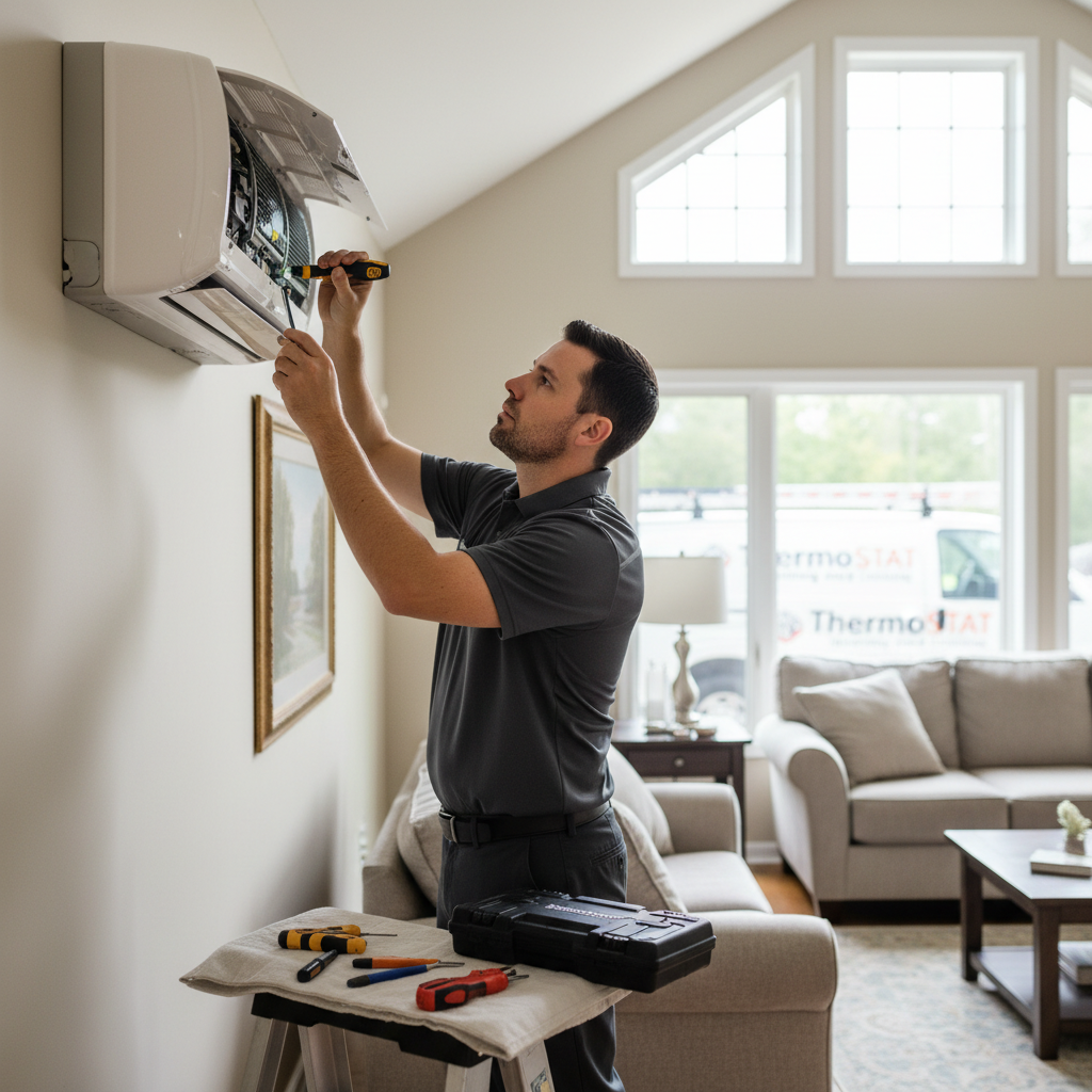 HVAC technician from ThermoSTAT Heating and Cooling performing AC repair in Jacksboro, TN.