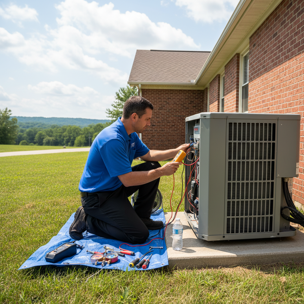 HVAC technician from ThermoSTAT Heating and Cooling performing AC repair in Jacksboro, TN.