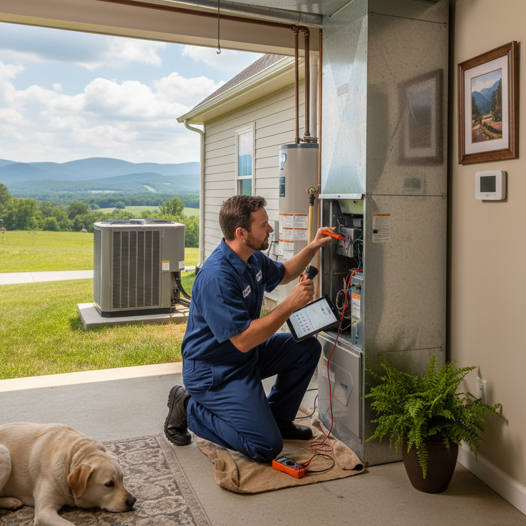 HVAC technician inspecting a furnace, ensuring efficient heating in LaFollette, Jacksboro, Caryville, TN.