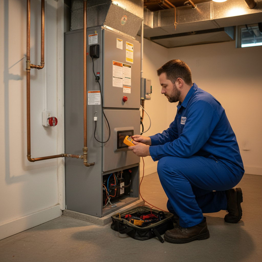 HVAC technician inspecting a furnace in a LaFollette home, ensuring efficient heating service.