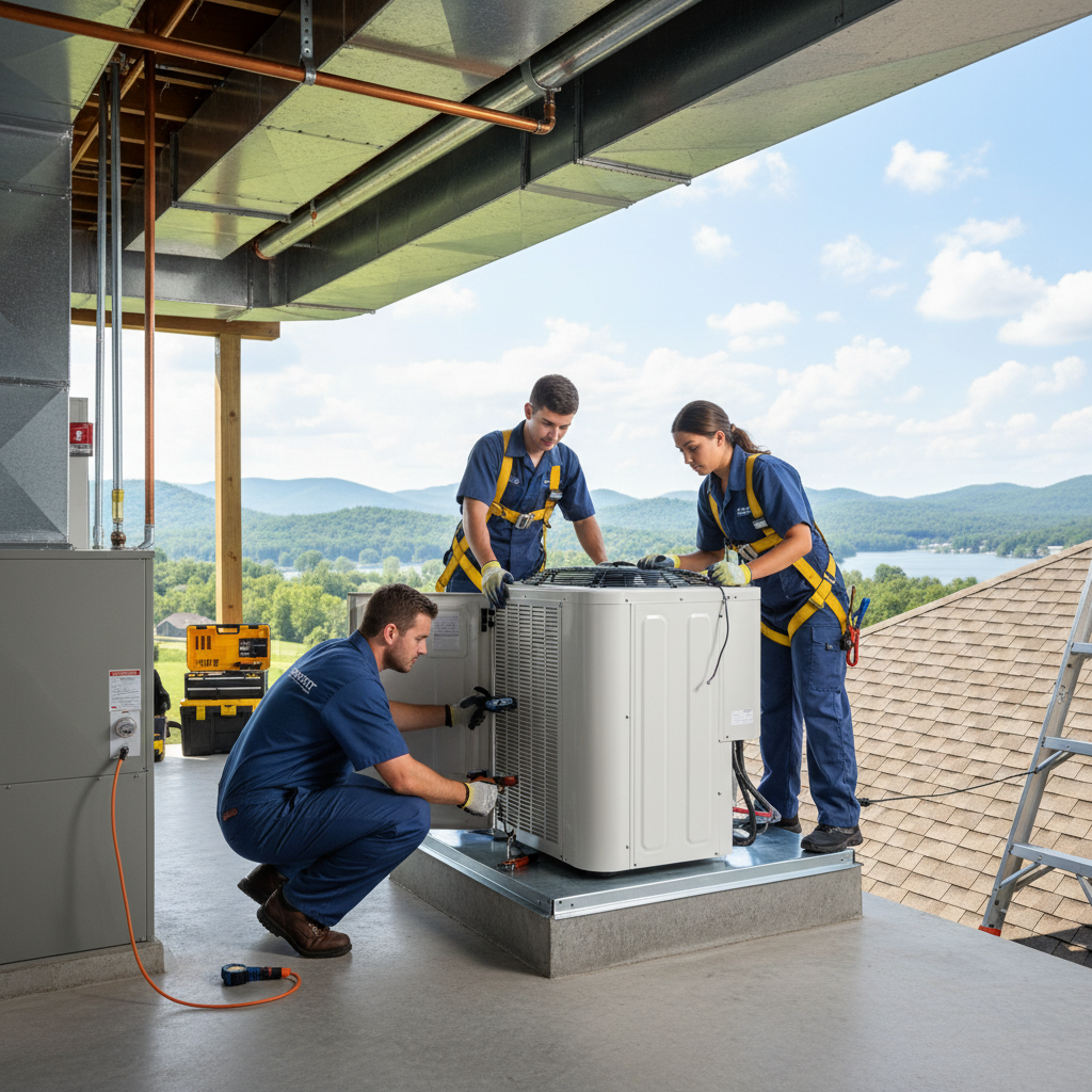HVAC technician inspecting a furnace in a LaFollette, Jacksboro, Caryville, and Campbell County TN home.