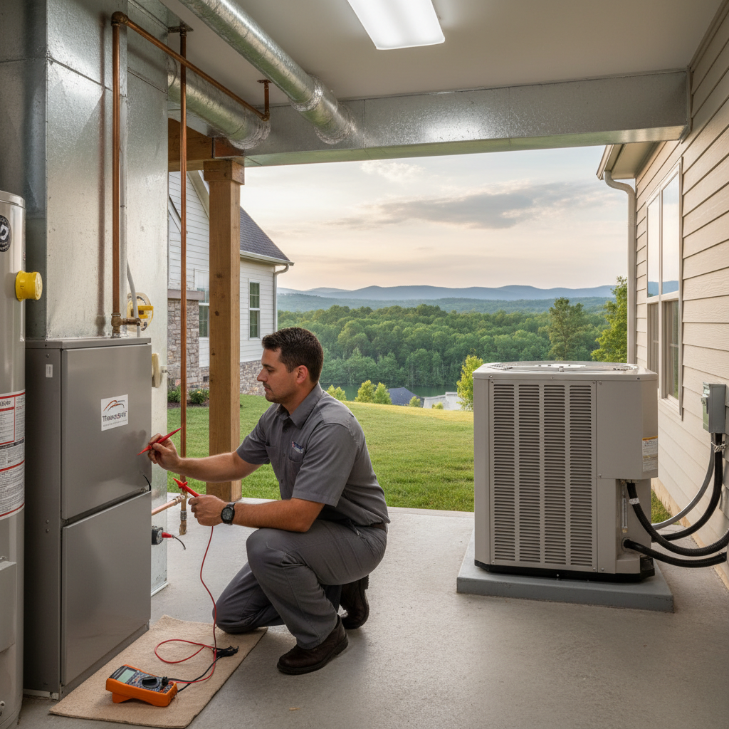 HVAC technician inspecting a furnace in a LaFollette, Jacksboro, Caryville, TN home.