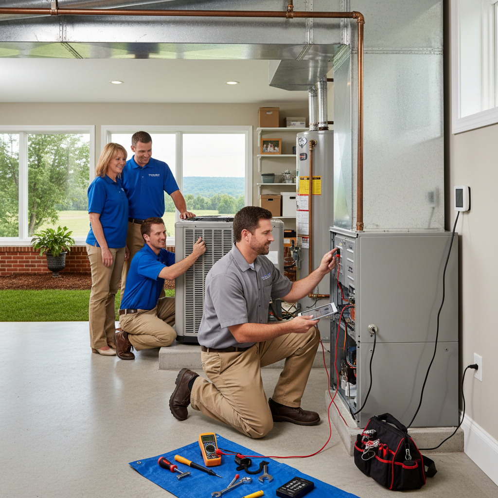 HVAC technician inspecting a furnace in a LaFollette, TN home, ensuring efficient heating.