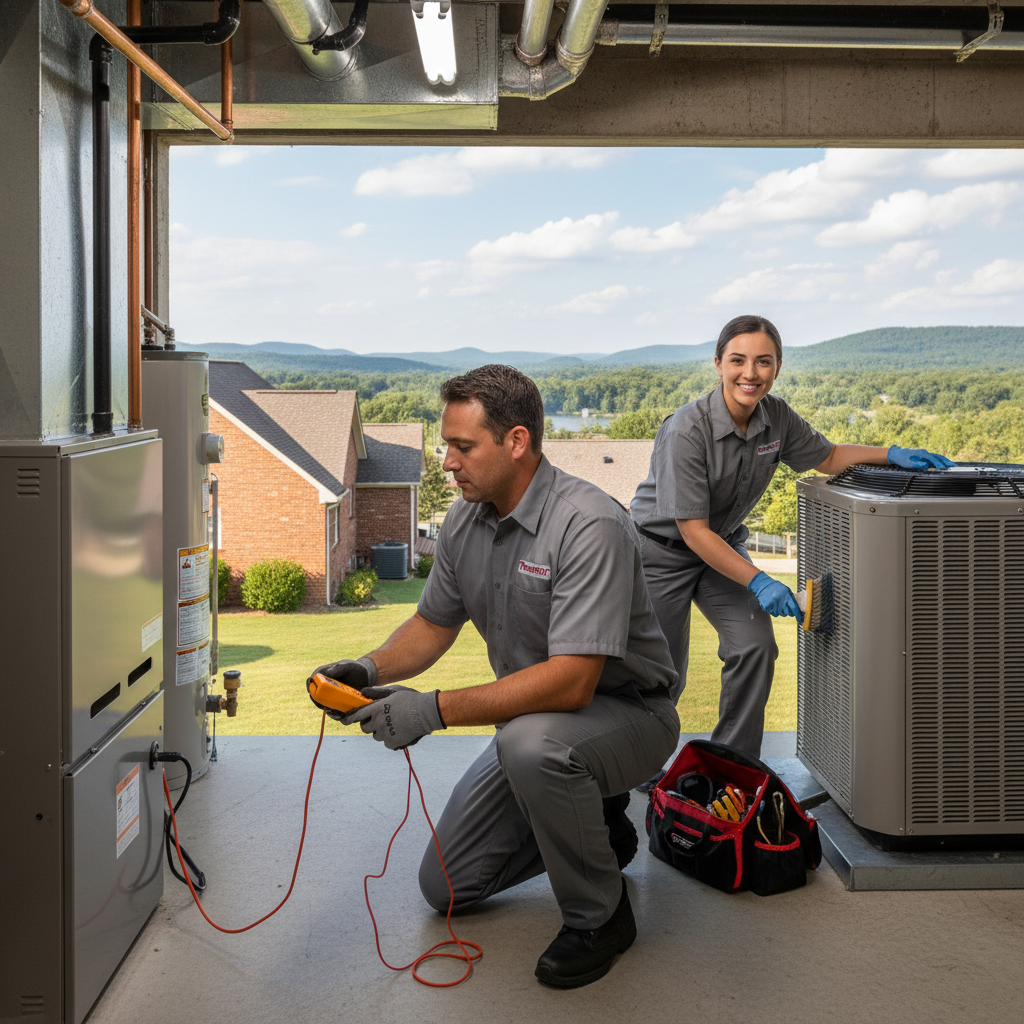 HVAC technician inspects a furnace, ensuring optimal heating for LaFollette, Jacksboro, Caryville homes.