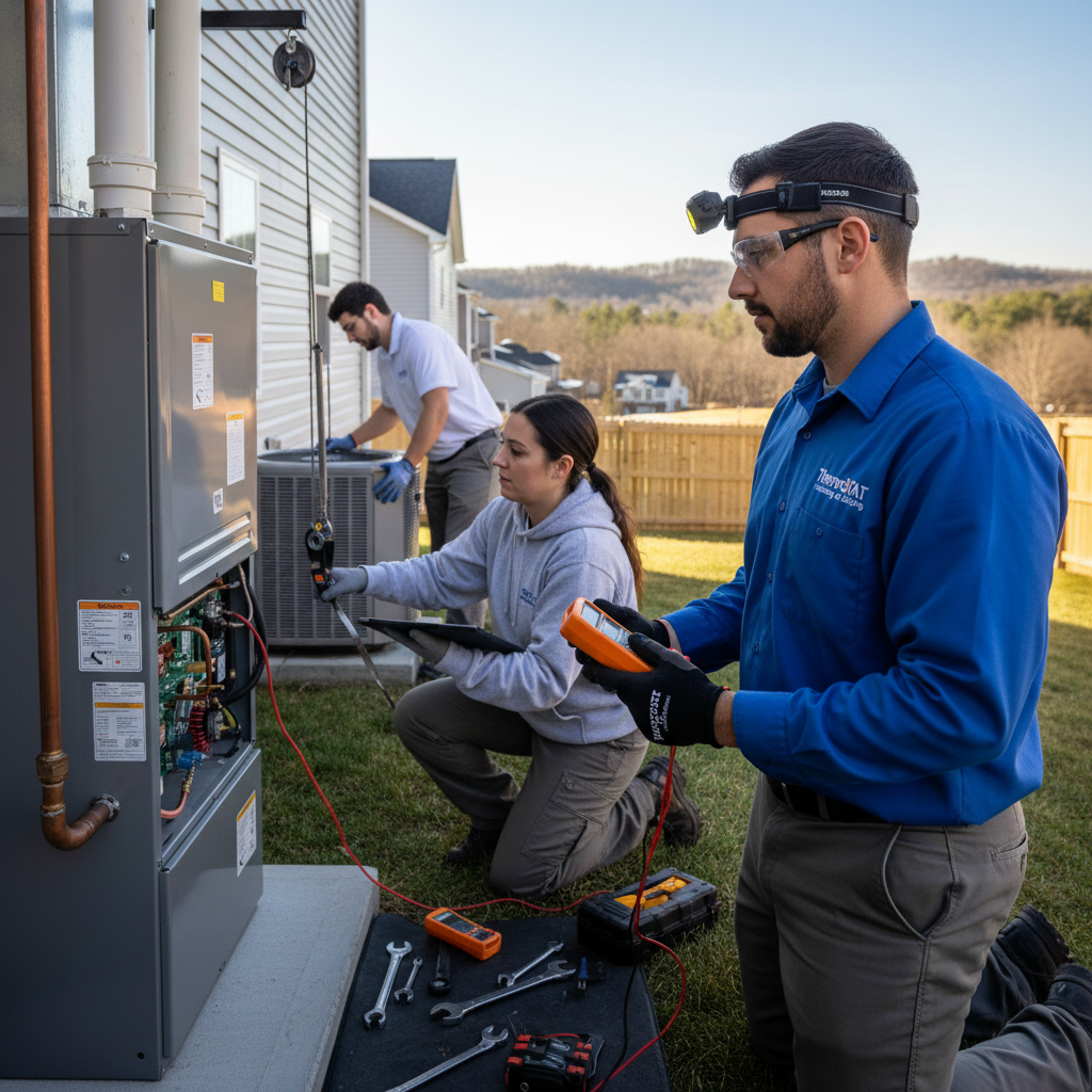 HVAC technician inspects a furnace in a LaFollette home, ensuring reliable heating for Campbell County TN.