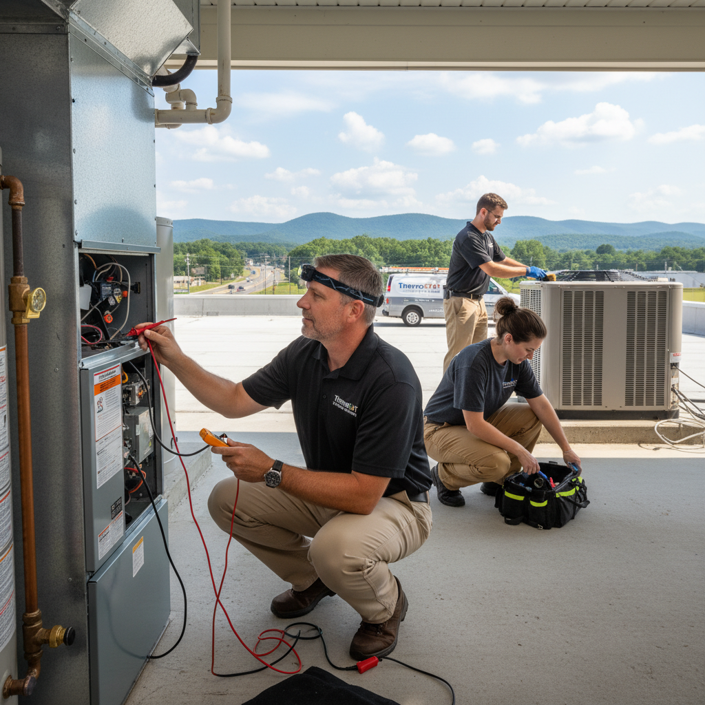 HVAC technician inspects a furnace in a LaFollette home, ensuring efficient heating and cooling for Campbell County TN.