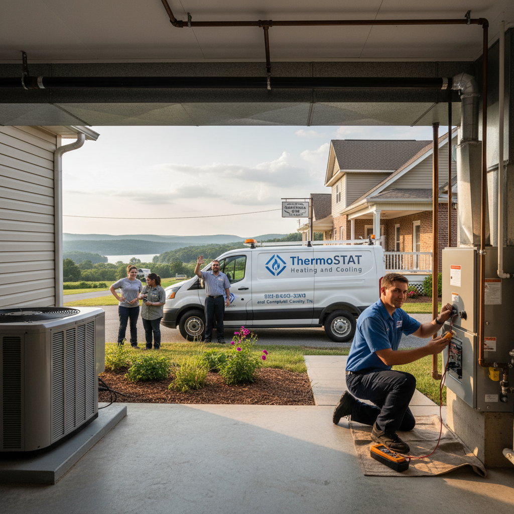 HVAC technician inspects a furnace in a LaFollette, Jacksboro, Caryville, Campbell County TN home.