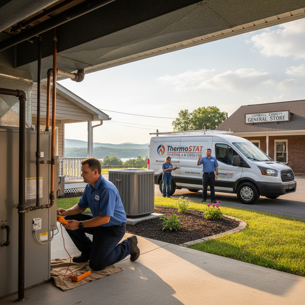 HVAC technician inspects a furnace in a LaFollette, Jacksboro, Caryville, Campbell County TN home.