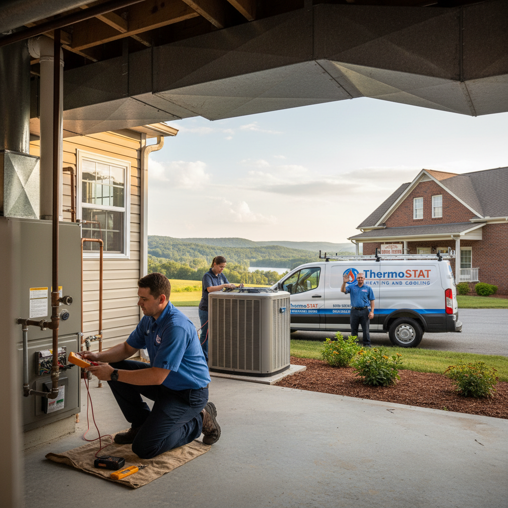 HVAC technician inspects a furnace in a LaFollette, Jacksboro, Caryville, Campbell County TN home.