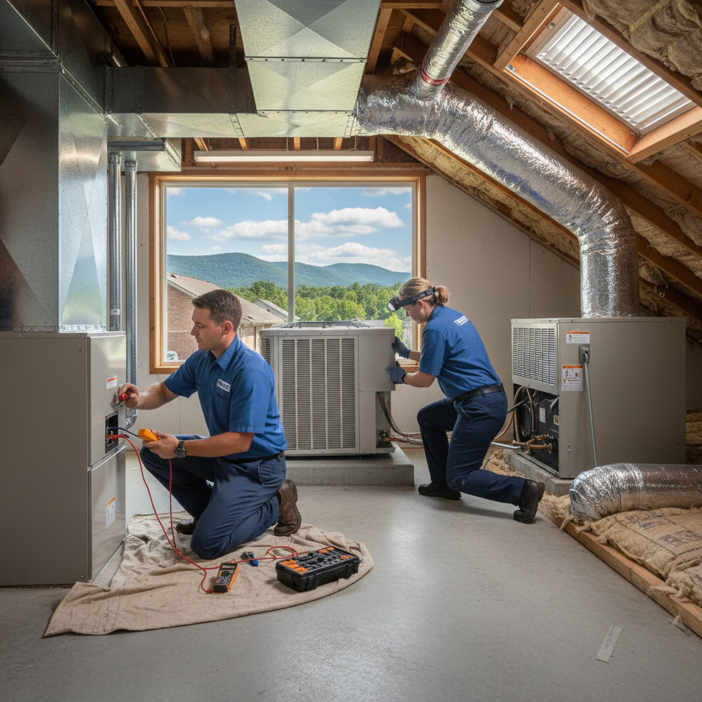 HVAC technician inspects a furnace in a LaFollette, Jacksboro, Caryville, Campbell County TN home.