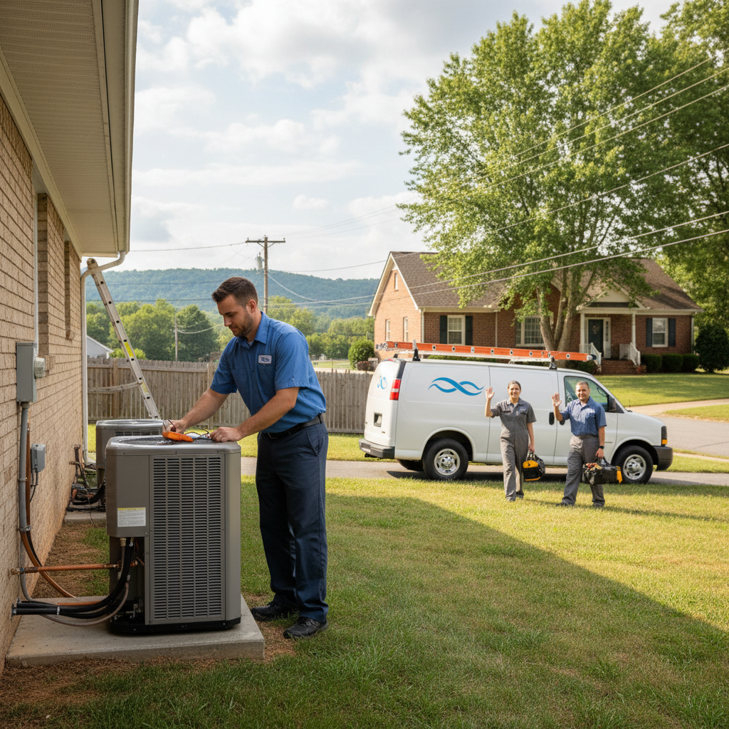 HVAC technician installing a new air conditioning unit in a LaFollette, TN home.
