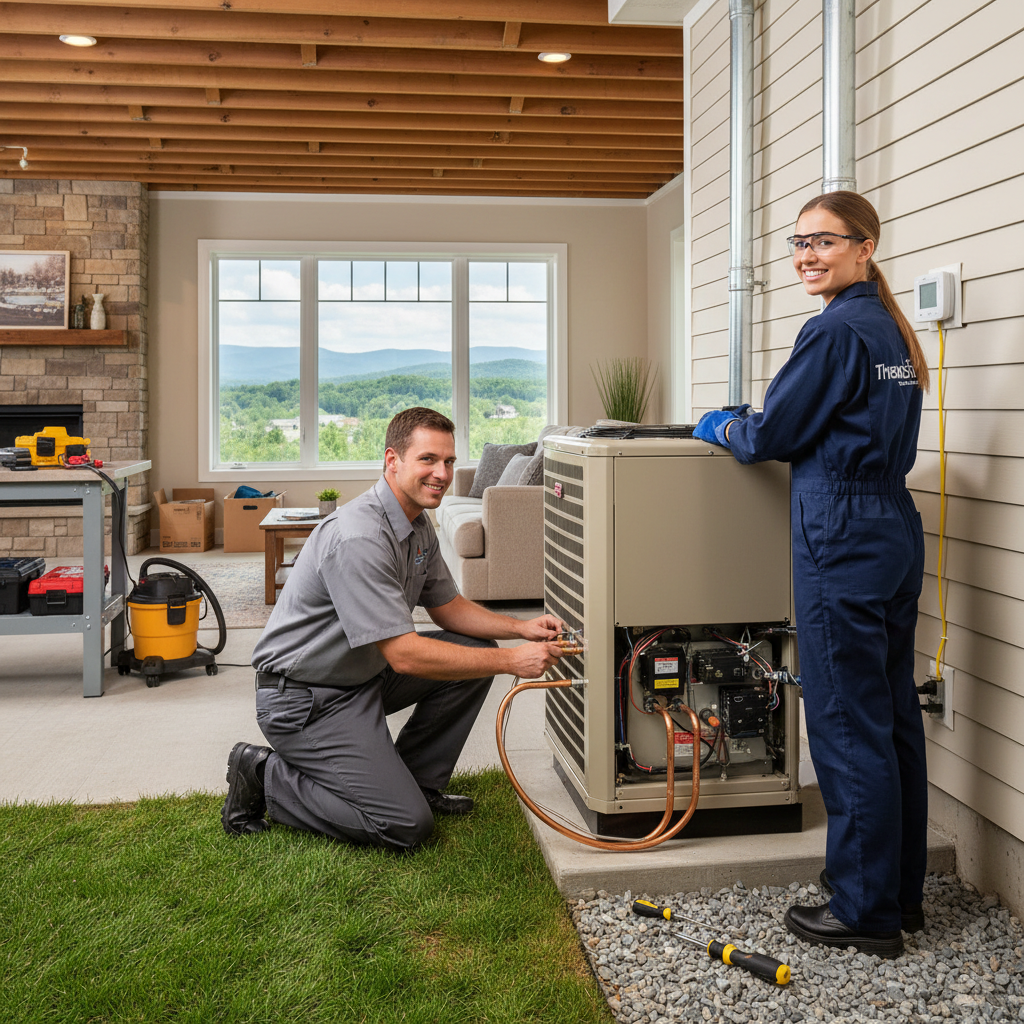 HVAC technician installing a new air conditioning unit in a LaFollette, TN home, ensuring quality cooling.
