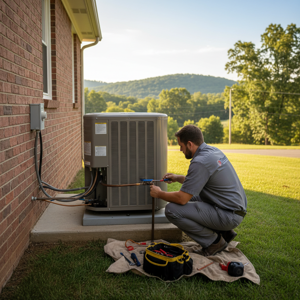 HVAC technician installing a new air conditioning unit in a LaFollette, TN home.