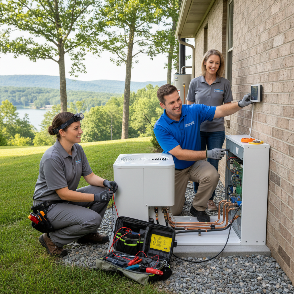 HVAC technician installing a new air conditioning unit in a LaFollette, TN home.