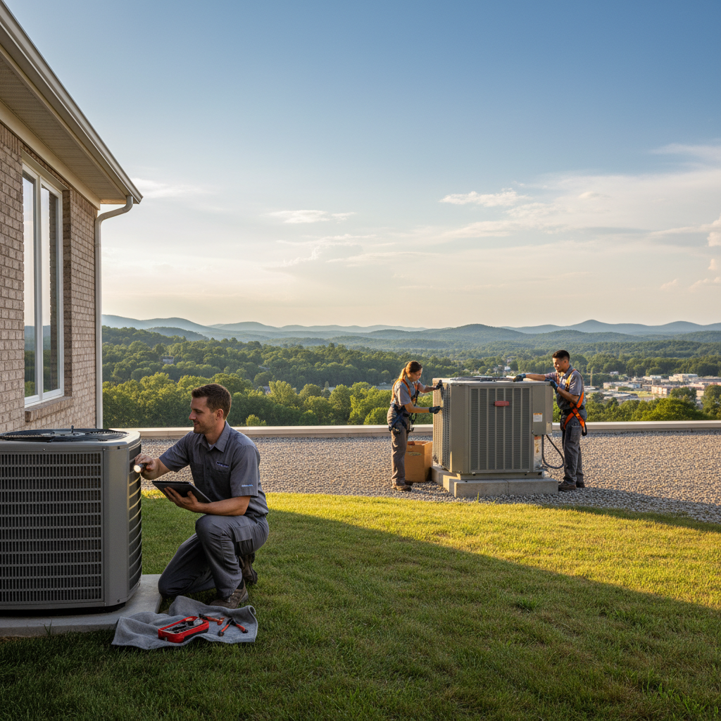 HVAC technician installing a new air conditioning unit in a LaFollette, TN home, ensuring efficient cooling.