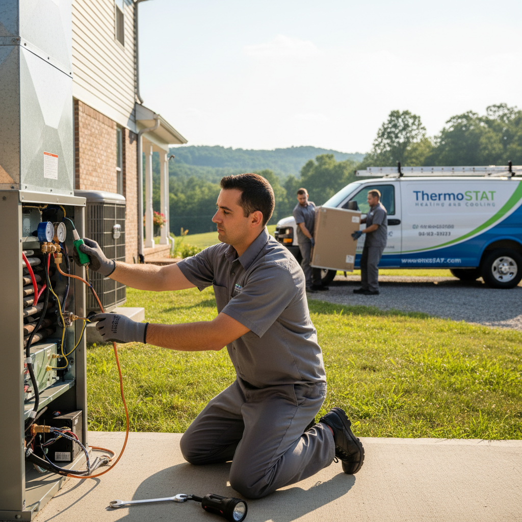 HVAC technician installing a new air conditioning unit in a LaFollette, TN home, ensuring efficient cooling.