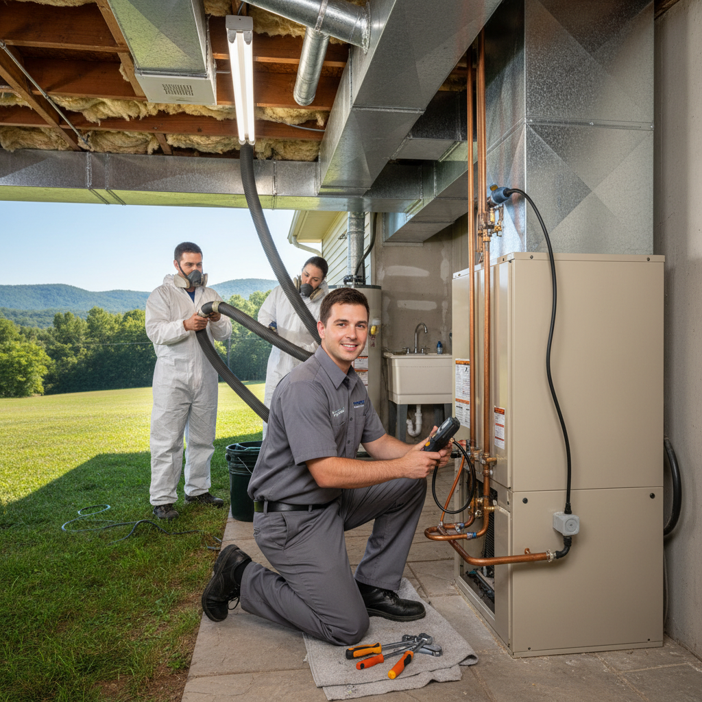 HVAC technician installing a new air conditioning unit in a LaFollette, TN home, ensuring efficient cooling.