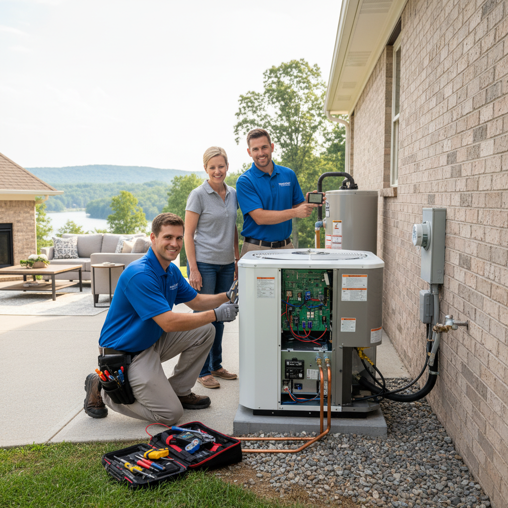 HVAC technician installing a new air conditioning unit in a LaFollette, TN home.