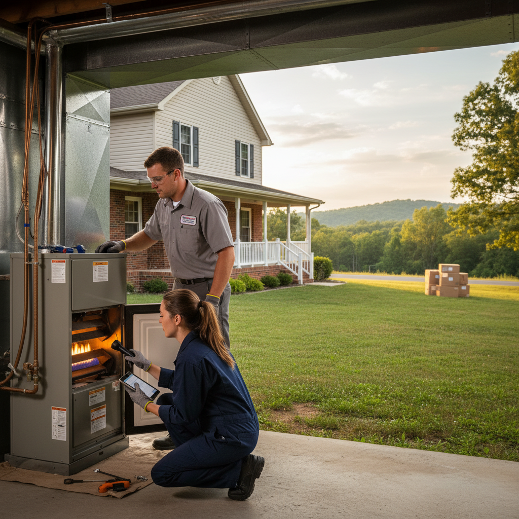 HVAC technician installing a new air conditioning unit outside a home in LaFollette, Campbell County TN.