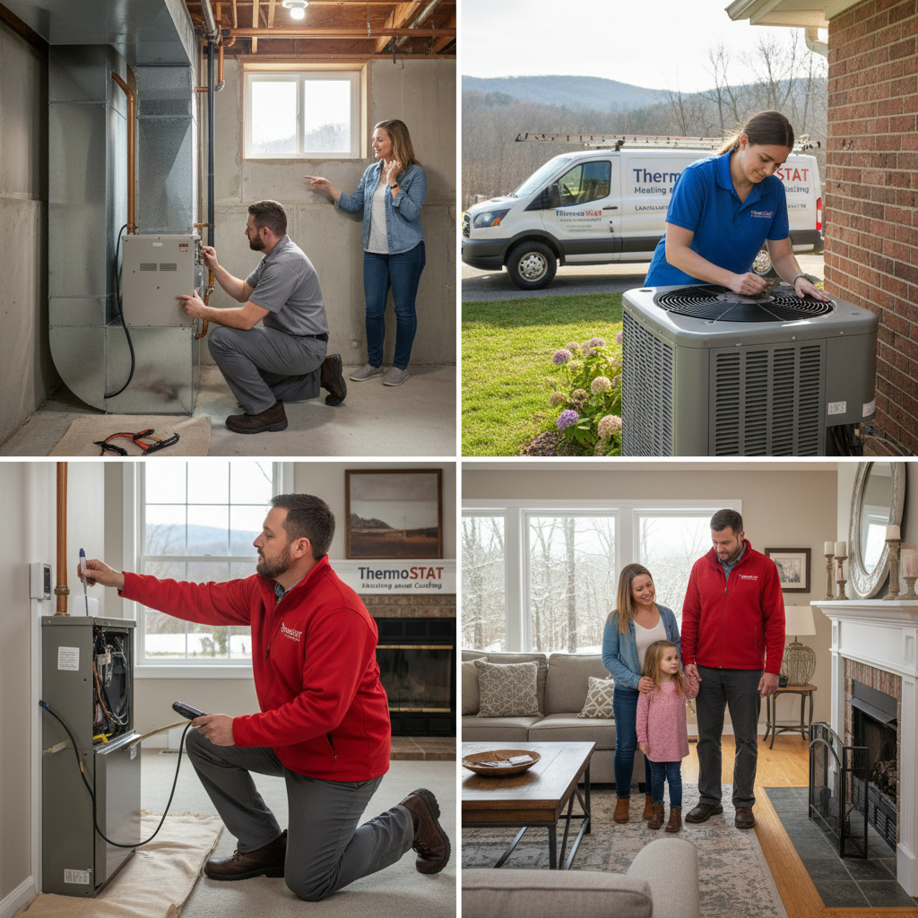 HVAC technician installing a new furnace for a homeowner in Campbell County, TN, ensuring comfort.