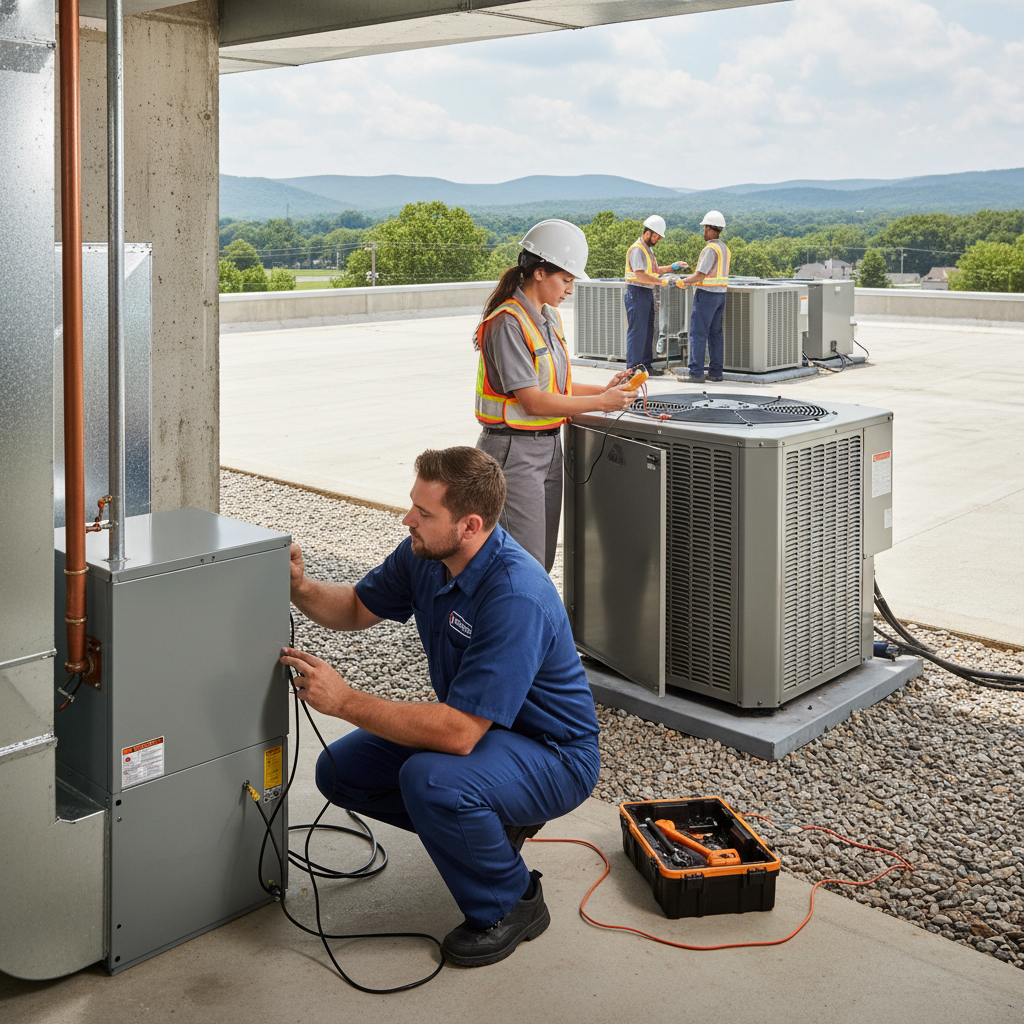 HVAC technician installing a new furnace for a ThermoSTAT client in LaFollette, TN.