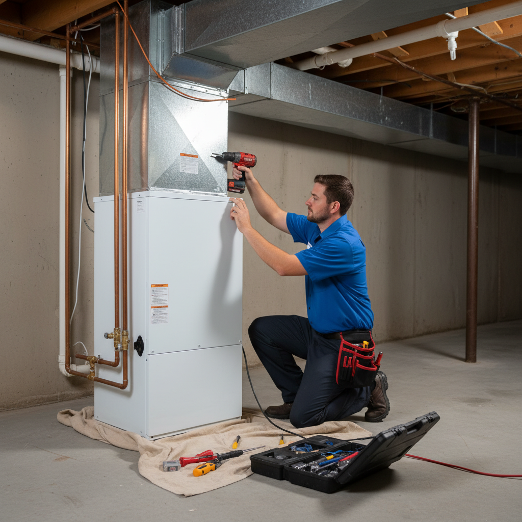 HVAC technician installing a new furnace for ThermoSTAT Heating and Cooling in a Jacksboro, TN residence.