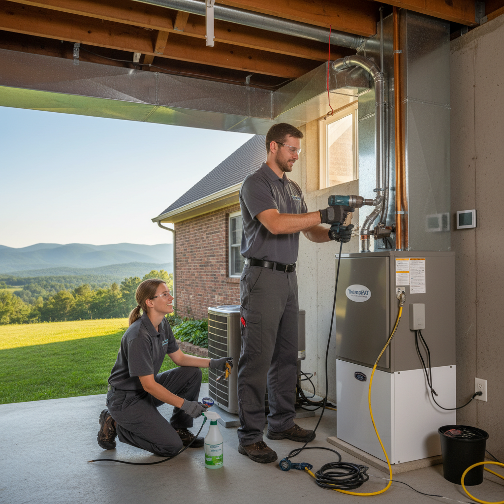 HVAC technician installing a new heating unit in a LaFollette, Jacksboro, or Caryville, TN home.