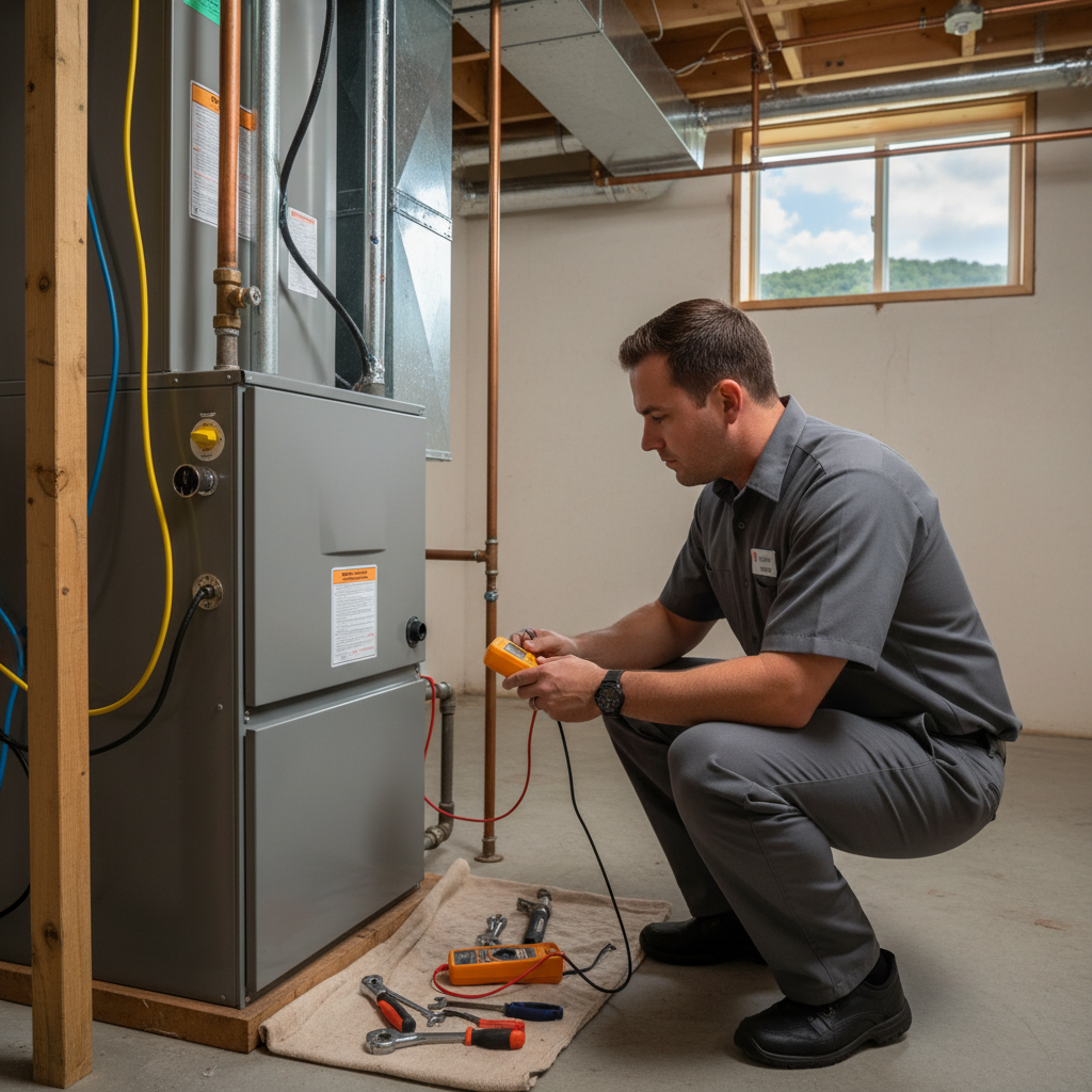 HVAC technician repairing a furnace in a LaFollette home, ensuring comfort in Campbell County TN.