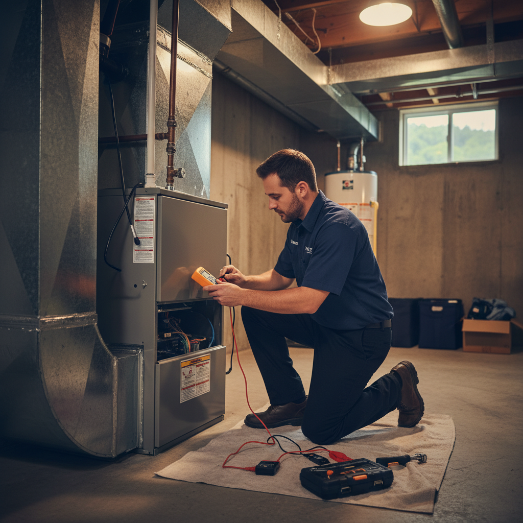 HVAC technician repairing a furnace in a LaFollette home, ensuring comfort in Campbell County, TN.