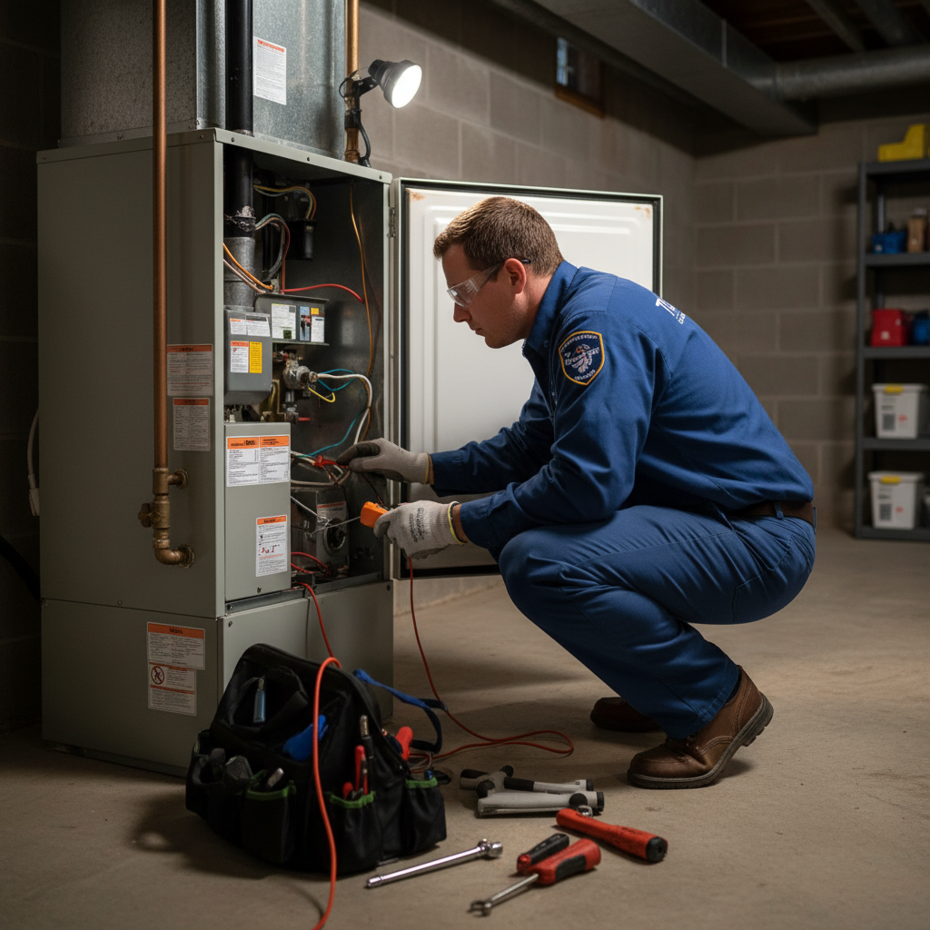 HVAC technician repairing a furnace in a LaFollette home, ensuring comfort for Campbell County TN.