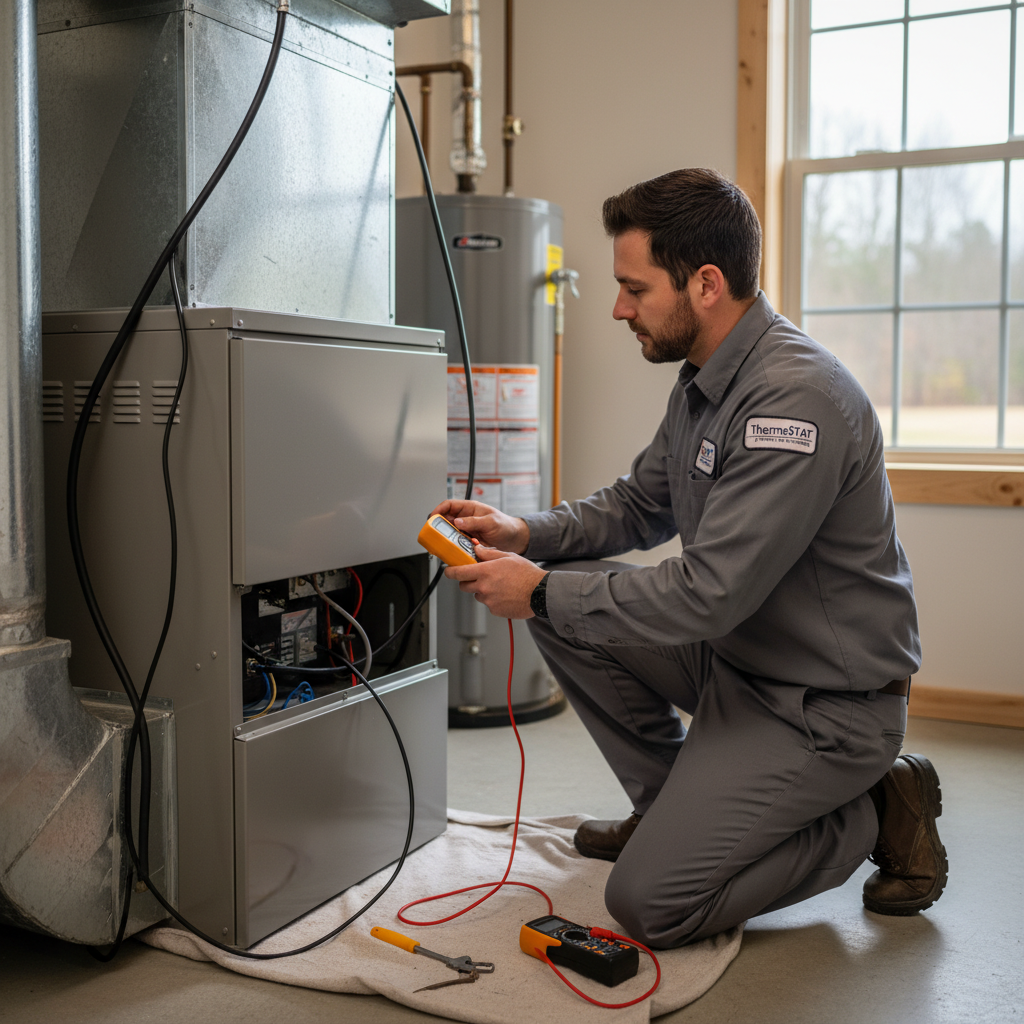 HVAC technician repairing a furnace in a LaFollette, Jacksboro, or Campbell County TN home.
