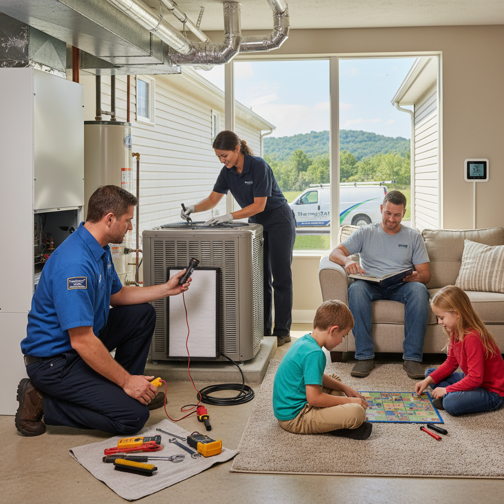 HVAC technician repairing a furnace in a LaFollette, TN home, ensuring warm air.