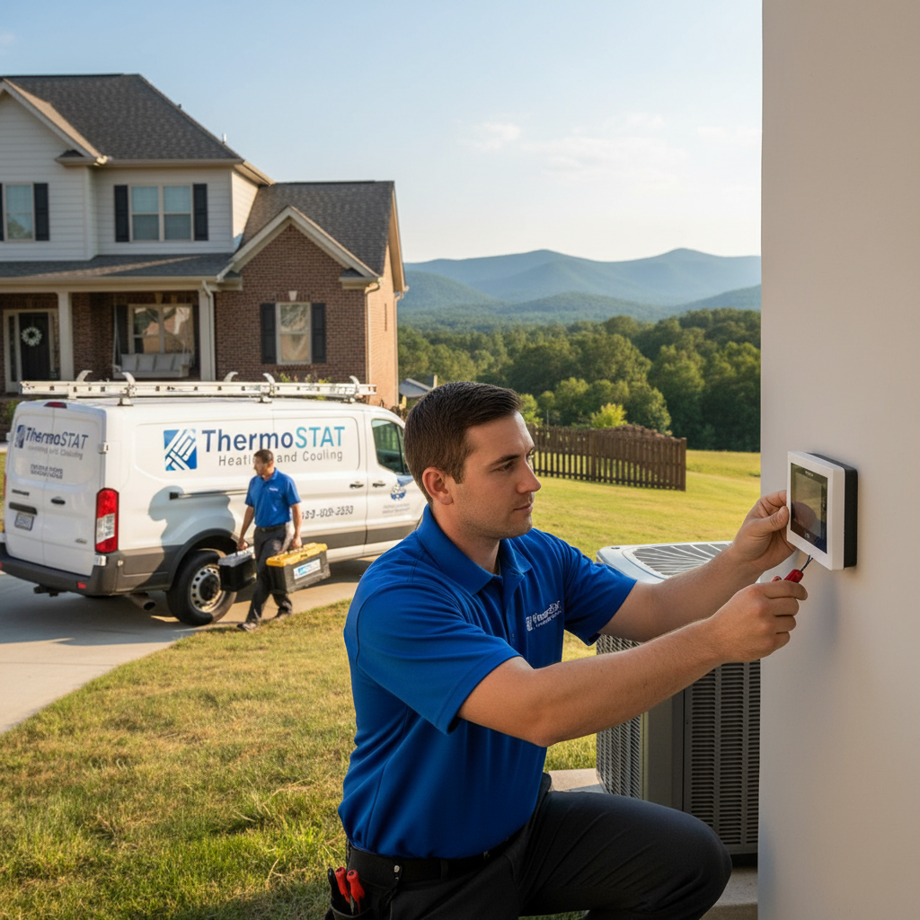 HVAC technician repairing an outdoor air conditioning unit in a residential backyard in LaFollette, TN.