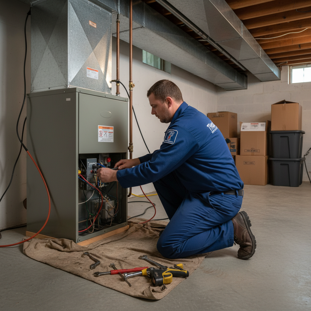HVAC technician servicing a furnace in a LaFollette, Jacksboro, or Caryville, TN home.