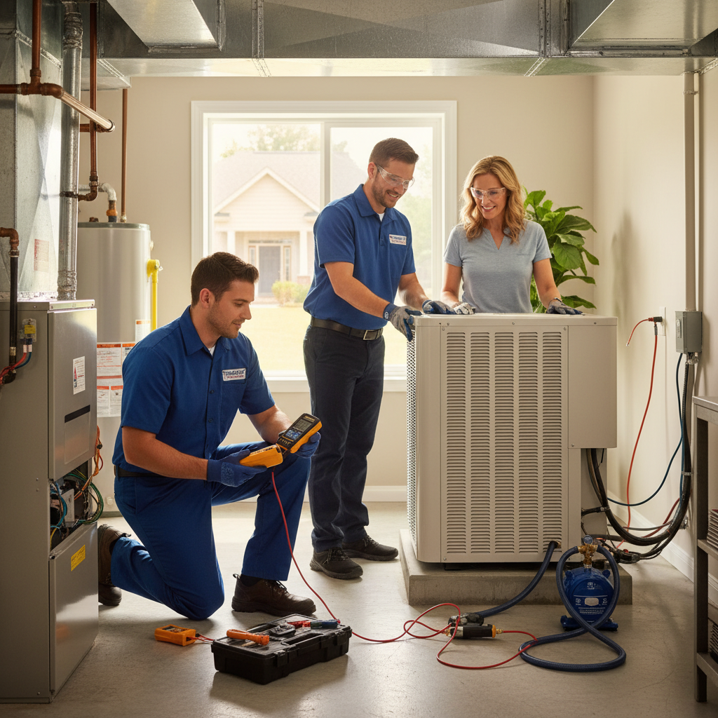 HVAC technician servicing a furnace in a LaFollette, TN home, ensuring efficient heating.