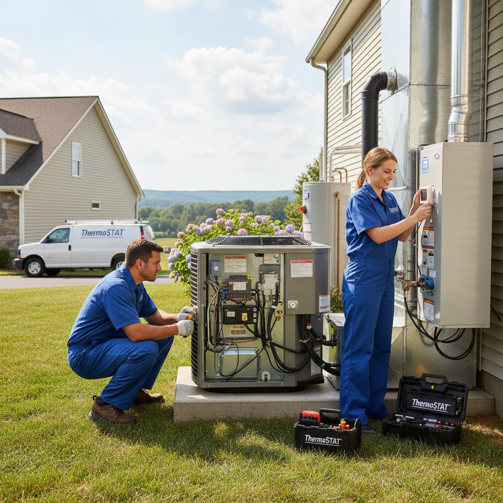 HVAC technician servicing an outdoor air conditioning unit in a residential backyard in LaFollette, Tennessee.