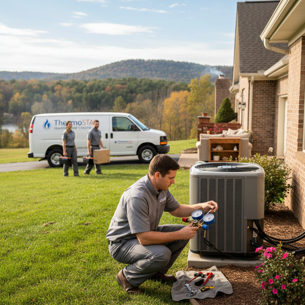 HVAC technician servicing an outdoor air conditioning unit in a residential area of Campbell County, TN, ensuring optimal cooling.