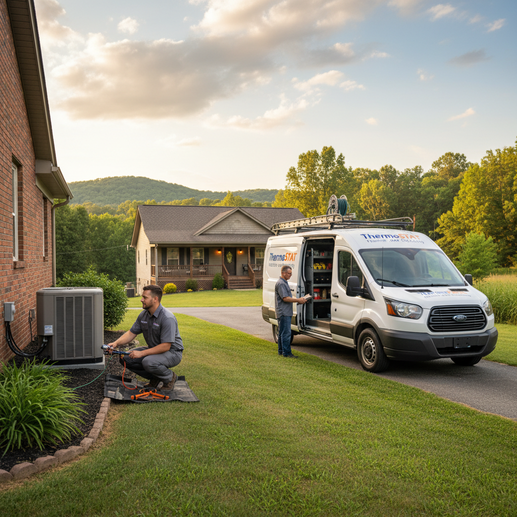 HVAC technician servicing an outdoor air conditioning unit in a LaFollette, TN home.