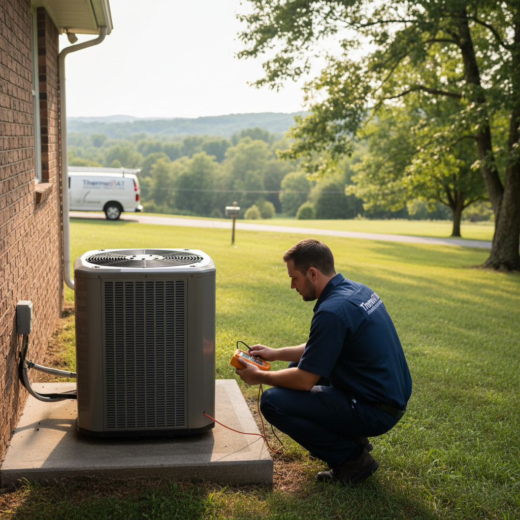 HVAC technician servicing an outdoor air conditioning unit in a residential area of LaFollette, TN.