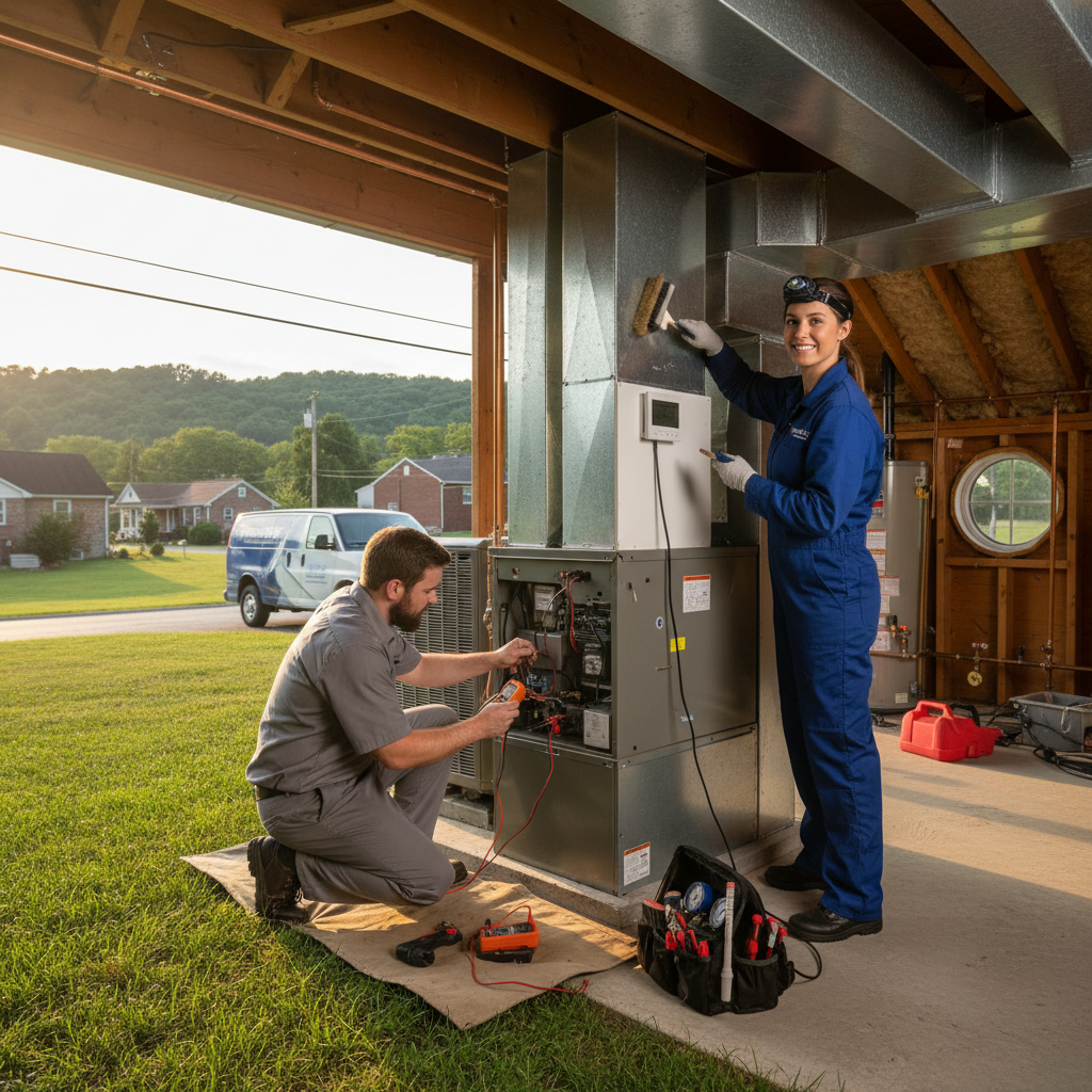 HVAC technician servicing an outdoor air conditioning unit in LaFollette, Jacksboro, Caryville, TN.