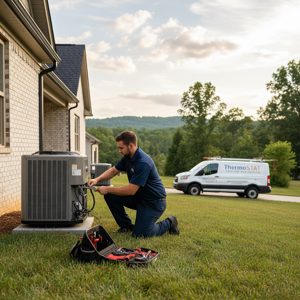 HVAC technician servicing an outdoor air conditioning unit in a residential area of LaFollette, TN.