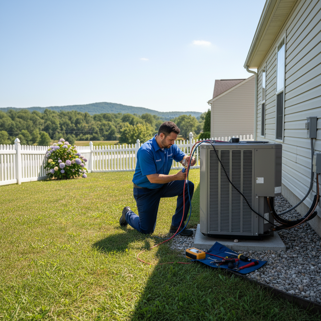 Professional heating and cooling repair technician examining an AC unit in Caryville, TN.
