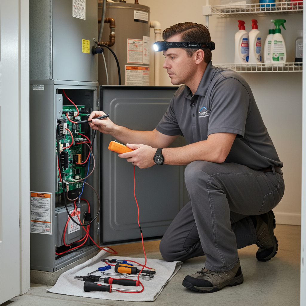 Professional HVAC technician inspecting a residential heating system in Jacksboro, TN, for optimal performance.