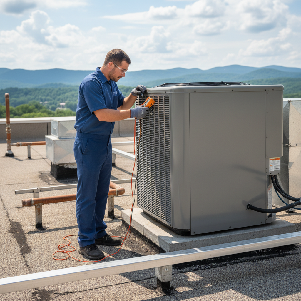 Skilled HVAC professional servicing a commercial heating unit in Caryville, TN for optimal performance.