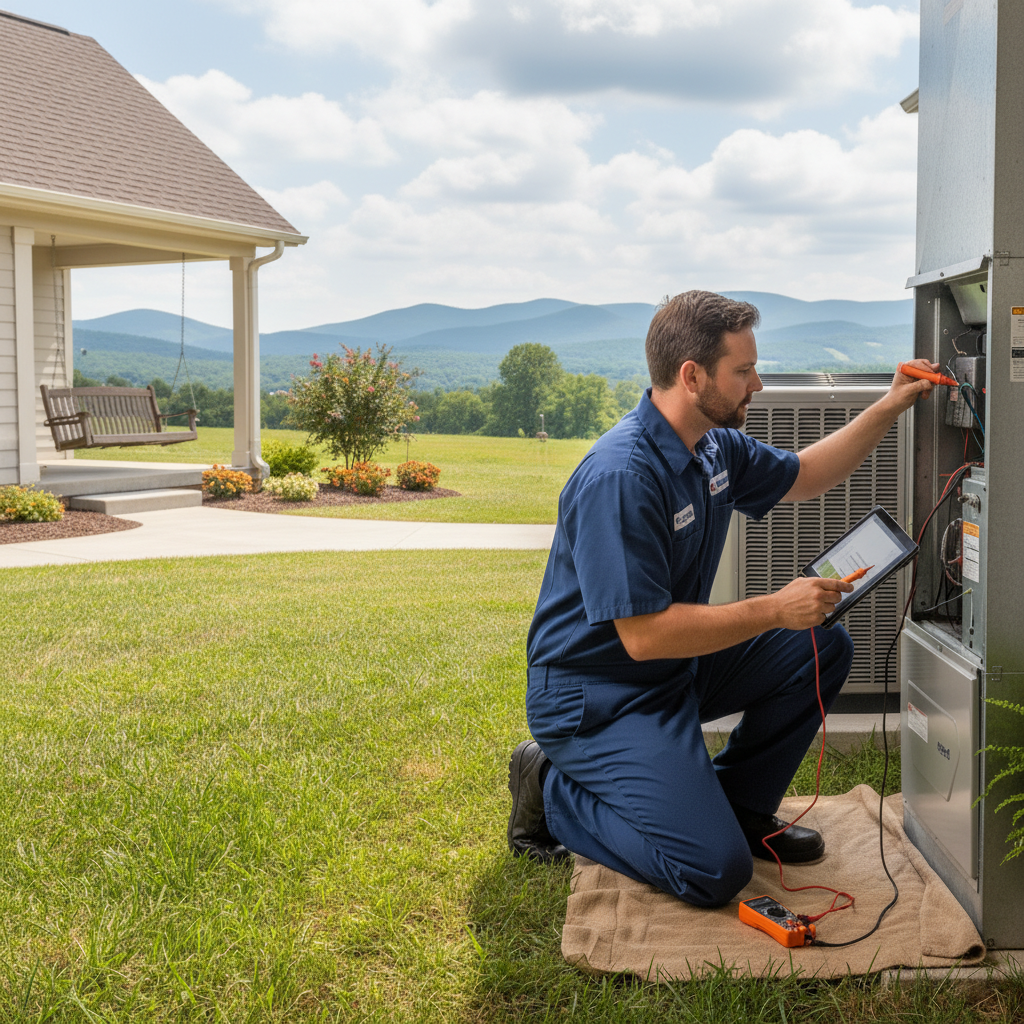 Skilled HVAC professional servicing an outdoor unit for cooling in Jacksboro, Caryville, and LaFollette, TN.