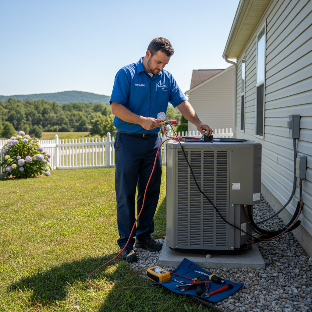Skilled HVAC technician performing heating and cooling service in a Jacksboro, TN residence.