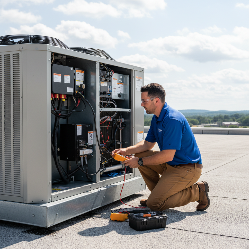 Skilled HVAC technician repairing a commercial air conditioning unit in Caryville, Campbell County TN.