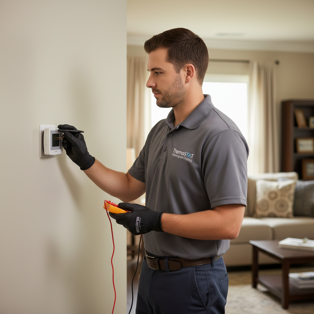 Skilled technician checking a heating system's thermostat in a Caryville, Campbell County TN home.